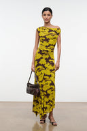 Off-shoulder printed maxi dress with yellow flower pattern on dark base