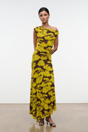 Sleeveless off-shoulder printed maxi dress, yellow daisy-like pattern on dark