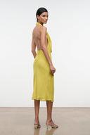 Citron yellow halter dress, open back and draped cowl neckline