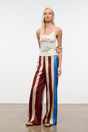 Wide-leg silk pants with vertical cafe, cream, and blue stripes