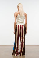 Silk wide-leg pants with coffee, cream and burgundy stripes, back view