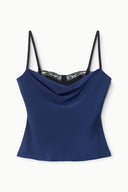 Navy silk camisole top with lace-trim V neckline and spaghetti straps