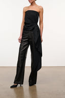 Black strapless bandeau top with gathered waist and long draped side