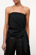 Black strapless bandeau top with textured ruching and gathered front