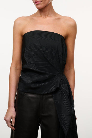 Black strapless bandeau top with textured ruching and gathered front