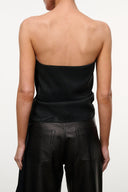 Black strapless bandeau top with smooth back and gathered waist seam