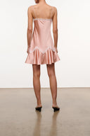 Quartz pink silk slip dress with lace hem ruffles and open back spaghetti straps