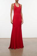 Red sleeveless maxi dress with scoop neckline and long flowing skirt