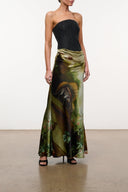 Strapless silk maxi dress in black with olive and gold floral print