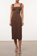 Vienne dress in dark brown, sleeveless with square neckline and fitted waist seam