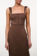 Brown sleeveless midi dress with draped crossover bodice and vertical seam