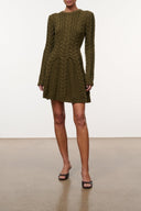 Olive cable-knit sweater dress, long sleeves, crew neck, side view
