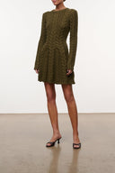 Olive cable-knit sweater dress, long sleeves, crew neck, above-knee length