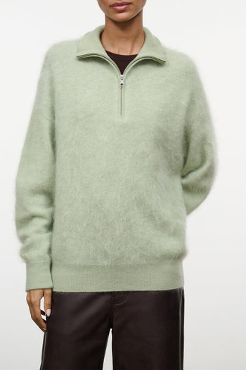 Spearmint cashmere half-zip sweater with zip collar, ribbed cuffs and hem