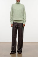 Spearmint cashmere sweater with quarter zip and stand collar, ribbed hem and cuffs