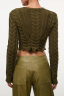 Hale sweater back in dark green cable knit, cropped crew neck, long sleeves
