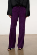 Gus suede pants in amethyst purple with elastic waist and straight legs