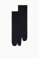 Tabi socks pair in black with split toe design and ribbed crew cuff