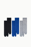 3-pack of tabi socks: black, blue, and heather gray pairs with split toe design