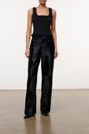 Black sleeveless top with ruffled square neckline and hem