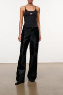 Black camisole tank top with spaghetti straps and small embroidered chest graphic