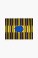 Cashmere blanket with multicolor vertical stripes and blue owl graphic center