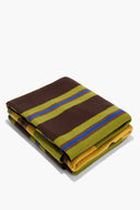 Cashmere blanket folded, brown and olive green stripes with blue accent lines