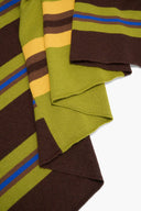 Cashmere blanket folded corner with brown, olive and yellow striped knit