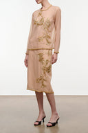 Buff Rune top with gold floral embroidery, 3/4 sleeves, gold-trim hem