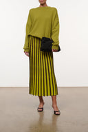 Olive midi skirt with vertical yellow stripes, pleated design, elastic waist