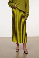 Striped pleated midi skirt in olive with vertical yellow stripes and elastic waist