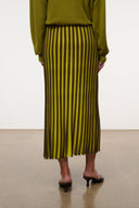 Olive vertical yellow striped pleated midi skirt with tapered hem
