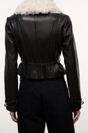 Black leather jacket back view with shearling collar and belted waist