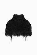 Black fringed faux-fur shrug with rounded back cape and hanging tassels