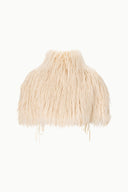 Ivory fringe shrug with high neck and short sleeves, open front with drawstring ties