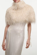 Ivory feather-fringe shrug with high collar and short sleeves