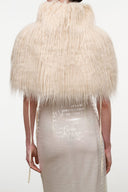 Ivory fringe shrug, high back and short sleeves, draped textured knit