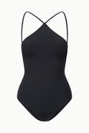 Black one-piece swimsuit with crisscross back straps
