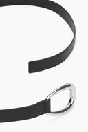 Black wrap belt with silver-tone oval metal buckle and strap end