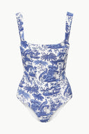 Blue toile one-piece swimsuit with square neckline and thin adjustable straps