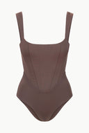 Dark chocolate one-piece swimsuit with square neckline and thin straps