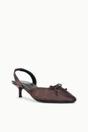 Espresso satin slingback ballet heels with crisscross bow on the upper