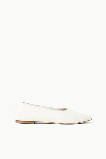 Cream paper ballet flat with rounded toe and flat brown-trimmed sole