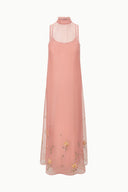 Women's pink sleeveless high-neck midi dress, sheer organza with daisy floral accents