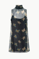 Black botanical shadow mini dress with sleeveless high neck and multicolor bird print