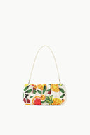Beaded bean bag purse with cream top handle and colorful fruit design