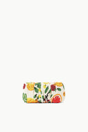 Beaded bean bag purse side view with colorful fruit bead appliques on cream