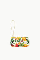 Beaded bean bag purse with cream handle and multicolor fruit bead pattern