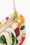Zippered top of beaded bean bag purse with fruit beadwork and charm pull