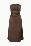 Brown strapless leather midi dress with draped, ruched bodice